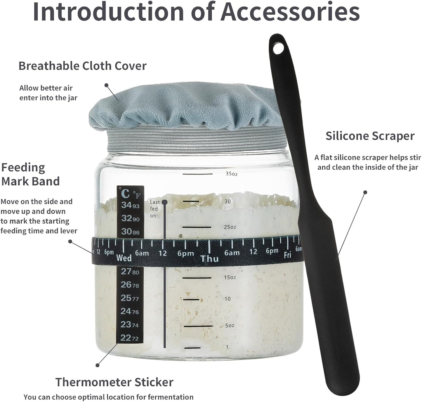 Wissy&Konny Sourdough Starter Jar 35OZ with Ounce Scale Line,Date Marked Feeding Band, Thermometer, Sourdough Jar Scraper, Cloth Cover & Wood Lid, Wide Mouth for Sourdough Bread Baking
