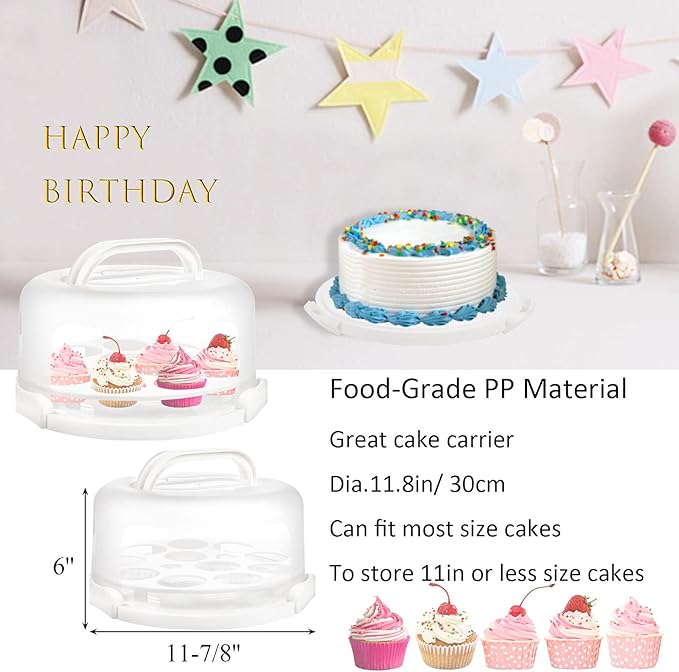 Yesland Cake Carrier with Collapsible Handle - White Cake Container and Holder with Lid - Portable Plastic Round Cake Cover for 10 inch Cake, Pies, Cookies, Nuts, Muffins, Cupcakes and Fruit