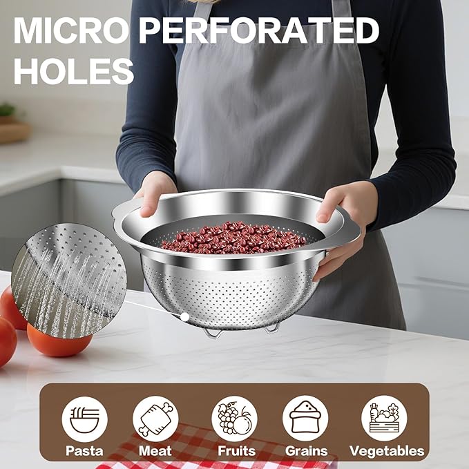 Stainless Steel Strainers for Kitchen, Stainless Steel Colander, Kitchen Strainer for Pasta Fruit Veggie Hot Food, 2 Pack Strainers and Colanders(2QT & 3QT), Dishwasher Safe, Silver