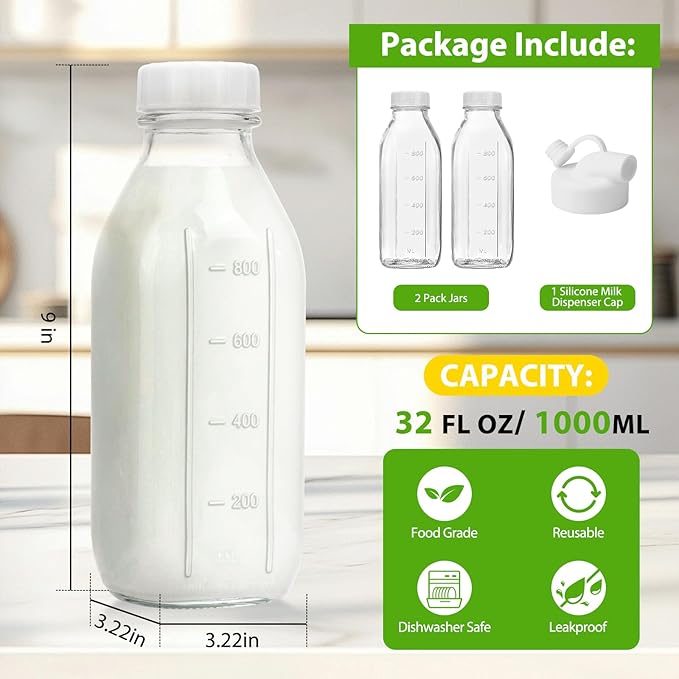 CUCUMI Moretoes 32 Oz Glass Milk Bottle with Reusable Strong Airtight Screw Lid, Reusable Glass Juice Bottles, Water Jug Breast Milk Pitcher, Buttermilk, Nut, Juice, Syrup, Coffee Creamer (2 Pack)