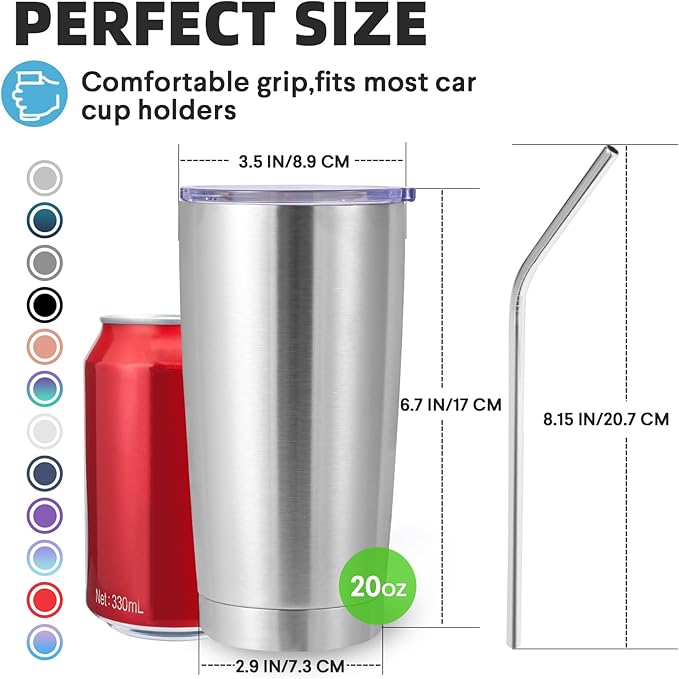 Volhoply 20oz Stainless Steel Tumbler with Lid and Straw Bulk 4 Pack,Double Wall Insulated Travel Iced Coffee Mug Fits Cup Holder,Powder Coated Cups for Hot/Cold Drinks,Christmas Gifts（Silver,4 Set）