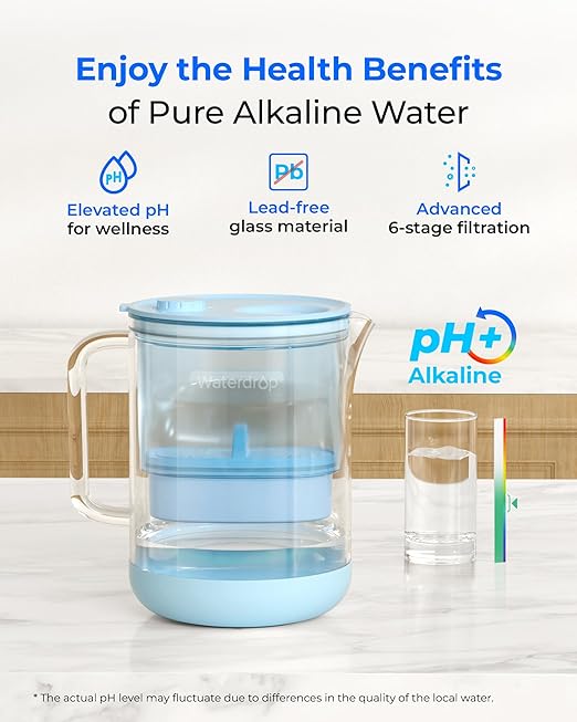 Waterdrop PT-72B-A Glass Alkaline Water Filter Pitcher, 7-Cup, Eco-Friendly, Enhances Alkaline Water, for Home & Office, Reduces PFOA/PFOS, Chlorine, Cadmium, Copper & Mercury, Blue