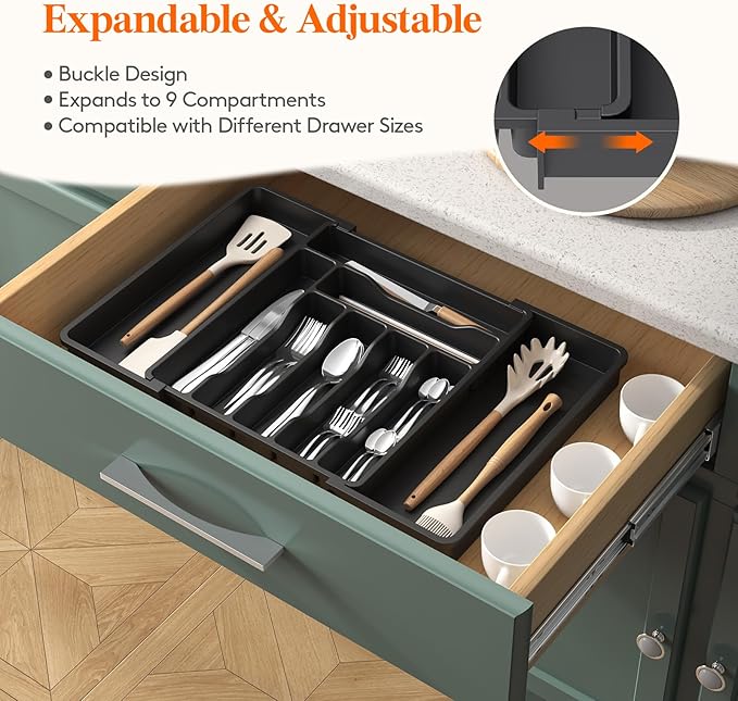 Lifewit Utensil Organizer for Kitchen Drawer, Expandable Cooking Silverware Tray, Adjustable Cutlery Flatware Holder, Plastic Spatula Tools Storage Divider, 13-22.4 x 15", Black