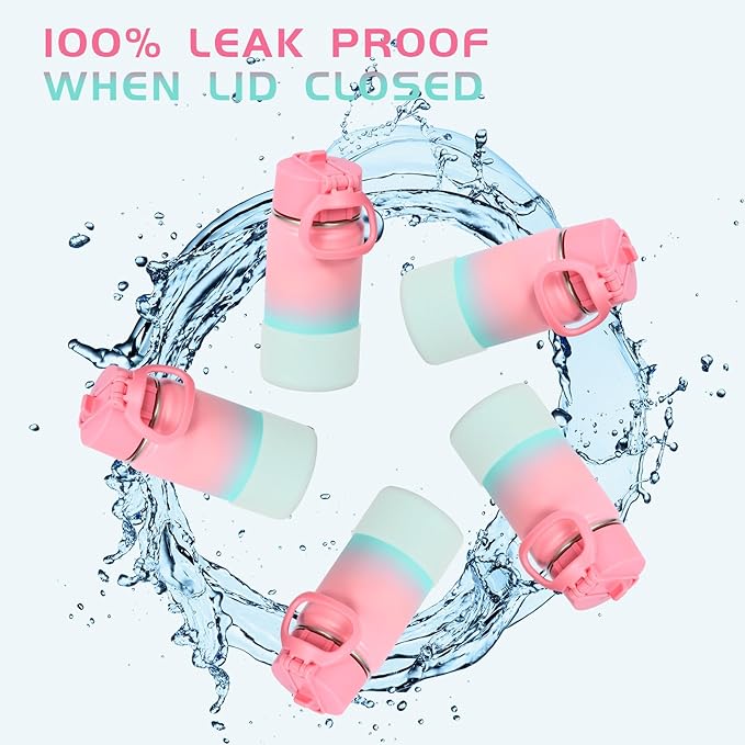 Volhoply 14oz KIds Water Bottle with Straw Lid and Silicone Boot Bulk 6 Pack,Stainless Steel Insulated Cups for Boys & Girls Multipack,Double Wall Vacuum Leakproof Bottles(Pink Green,6)