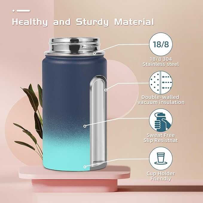 Volhoply 14oz KIds Water Bottle with Straw Lid and Silicone Boot Bulk 6 Pack,Stainless Steel Insulated Bottles for Boys & Girls Multipack,Double Wall Vacuum Leakproof Bottles(Blue Green,6)