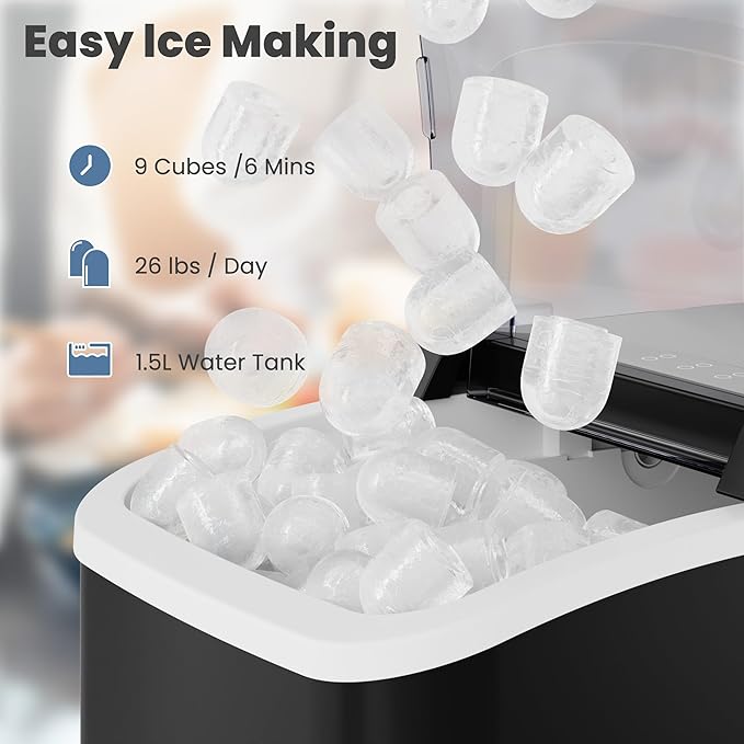 DUMOS Countertop Ice Maker with Handle, 26lbs/24H Portable Ice Machine, 9 Bullet Ice Cubes Ready in 6 Mins, Self-Cleaning, Quiet Compact Ice Maker for Home, Kitchen, RV, Camping, Modern Black