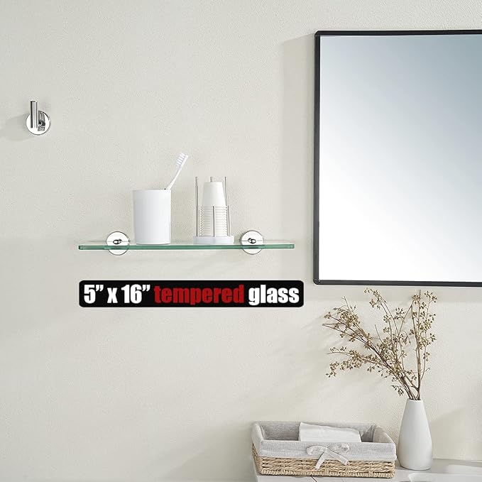 JQK Bathroom Glass Shelf Chrome, Tempered Glass Shower Storage 16 by 5 inches, 304 Stainless Steel Polished Chrome Wall Mount, TGS101-CH