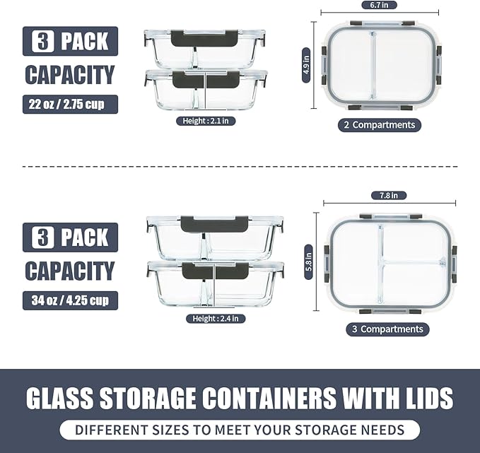 GULFLIN 2 & 3 Compartment Meal Prep Containers - Glass Food Storage Lunch Containers with Lids, Bento Box, Portion Control, Freezer to Microwave Safe