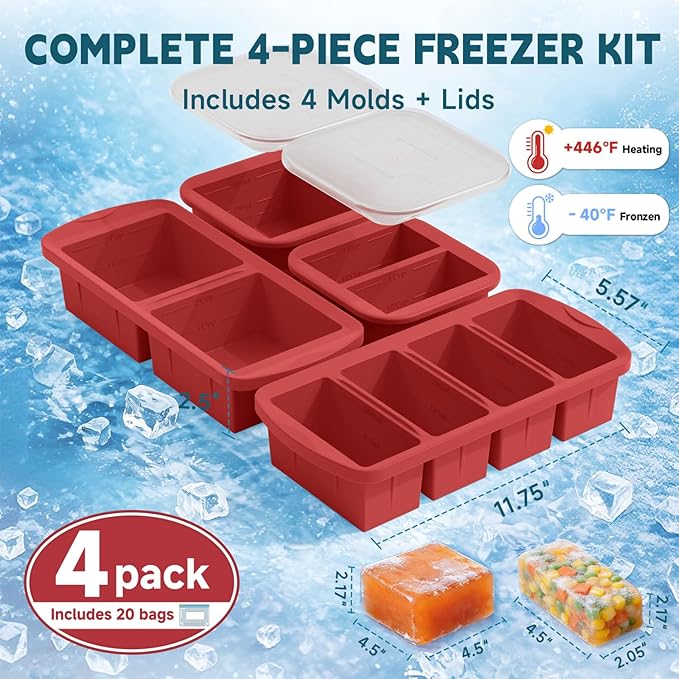 4 Pack Silicone Freezer Trays with Lid - Multi-Size 1-Cup & 2-Cup Portions, Food-Grade Silicone Freezer Molds for Soup & Meal Prep - Large Freezer Storage Containers, Oven & Dishwasher Safe - Red