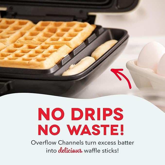 DASH No-Drip Waffle Maker - Four Waffle Molds, Nonstick Waffle Iron with Quick Heat-Up, Nonstick Surface - Perfect Waffle Maker for Kids and Families, Just Add Batter