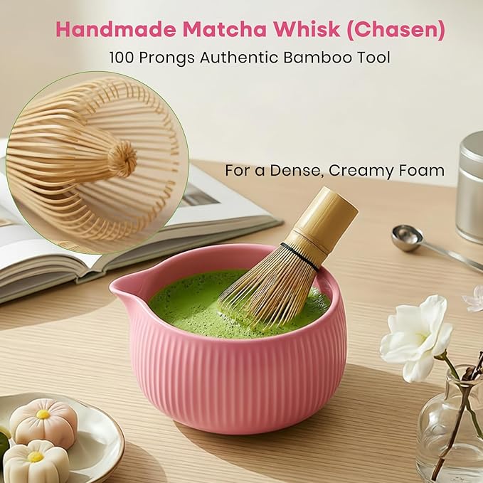 Matcha Whisk Set, 15PCS Ceramic Matcha Bowl Kit, Includes Bamboo Whisk & Holder, Glass Measuring Cup, Caddy, Sifter, Scoop, Tea Towel, Tea Mat, Making Sets for Lovers, Pink
