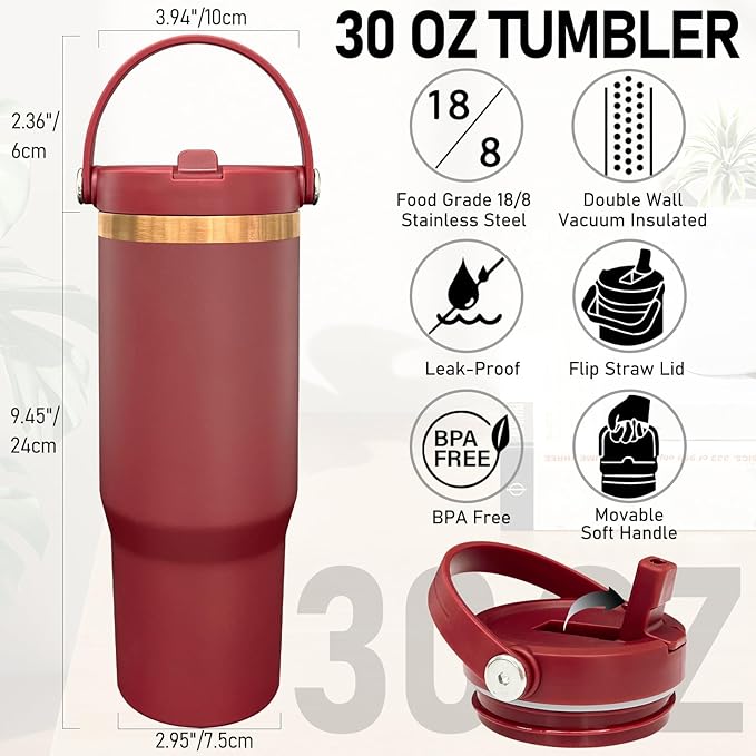 30 oz Tumbler Bulk with Handle and Straw, Vacuum Insulated Tumblers with Flip Straw and Top Handle, Leakproof Powder Coated Tumbler, Stainless Steel Travel Mug for Coffee Water (Red, 8 Pack)