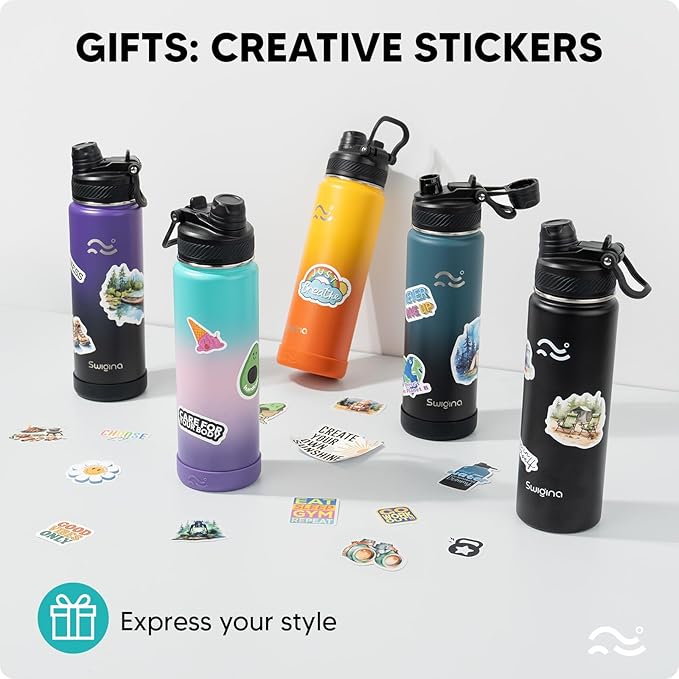 Swigina Insulated Water Bottle with Silicone Boot (36hrs Cold/18hrs Hot) - DIY Stickers, [2-in-1 Lid], BPA Free, 24 oz