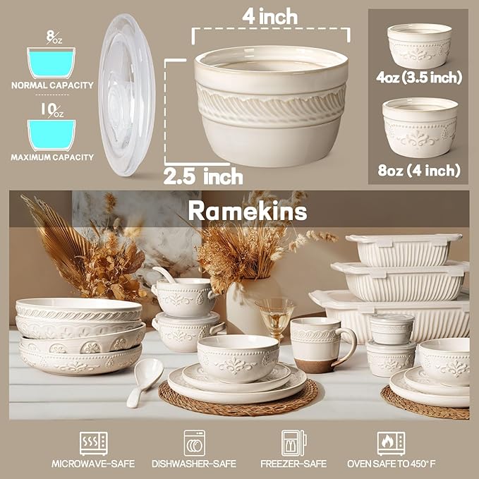 Artena Ramekins with Lids, Creme Brulee Ramekins Oven Safe, Ceramic Pudding Cups, Souffle Cups, Custard Cups, Dipping Sauce Cups, Food Storage Containers with Lids, Set of 4 (Willow Leaf, 8 oz)