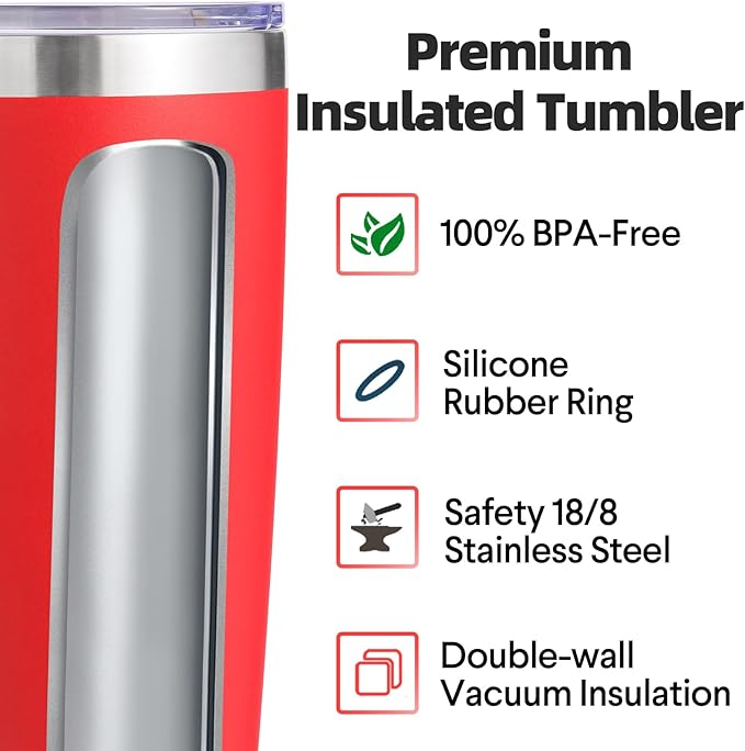 Volhoply 20oz Stainless Steel Tumbler with Lid and Straw Bulk 4 Pack,Double Wall Insulated Travel Iced Coffee Mug Fits Cup Holder,Powder Coated Cups for Hot/Cold Drinks,Gifts for Women（Red,4 Set）