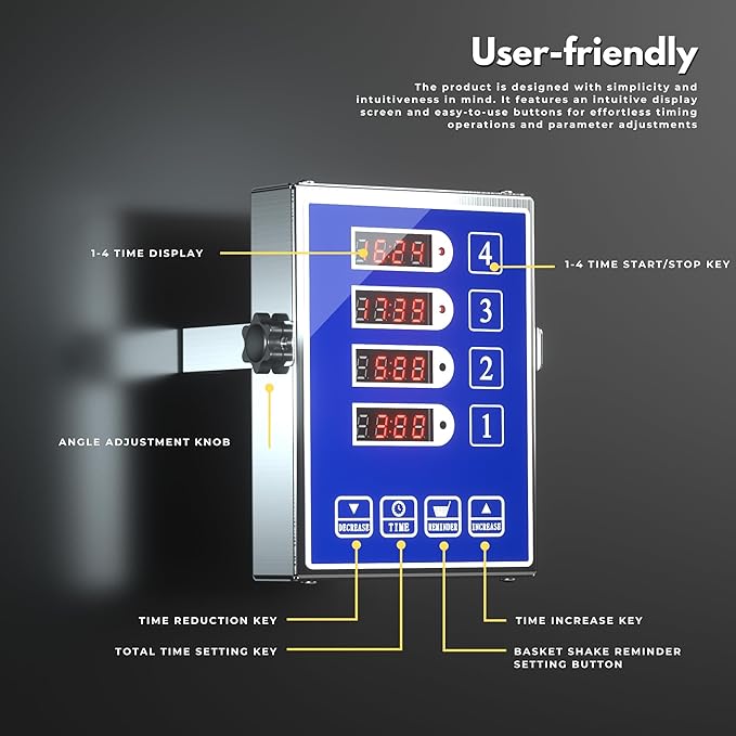 Commercial Kitchen Timer with 4 Channels, Digital Timer for Cooking, Loud Alarm Volume +/-, Food Truck Restaurant Supplies, Heavy Duty Stainless Steel Large Timers, Waterproof Panel & Memory Function
