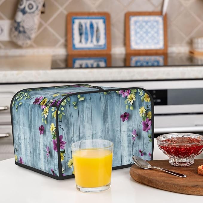 Blue Wood Texture Covers for 4 Slice Toasters,Cute Country Bread Machine Cover with Handle,Washable Stain Resistant Kitchen Small Appliance Cover Dining Decor