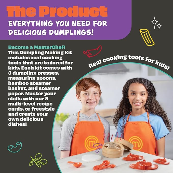MasterChef Junior Kids Dumpling Making Set- 5 Pc Kit- Real Cookware Includes Recipes, Steamer Basket, Mold, Press Measuring Spoons Steamer Paper, Homemade Cooking Party for Dim Sum Soups Chinese Food