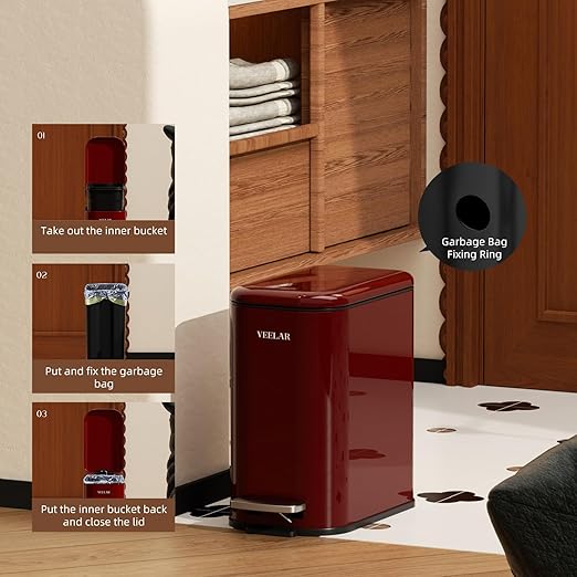 Slim Bathroom Trash Can with Lid, 1.6 Gallon / 6 Liter Stainless Steel Trash Bin, Step Pedal Garbage Cans for Bedroom, Kitchen, Office (Red)