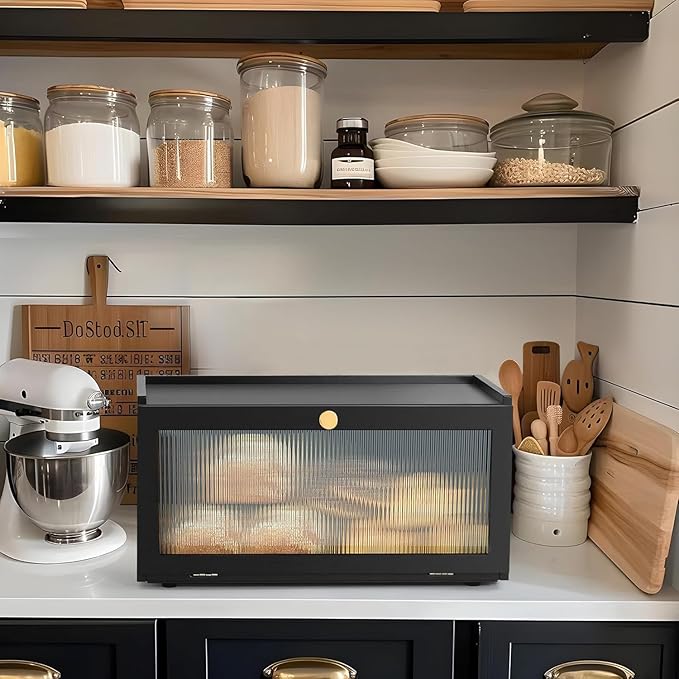 ETMI Black Bread Box for Kitchen Countertop - Modern bamboo Bread box with Window Bread Storage Container