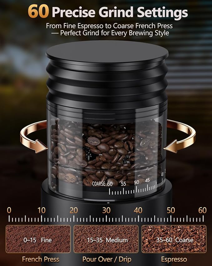 COOL KNIGHT Rechargeable Conical Burr Coffee Grinder, 60 Grind Settings & 5–98 Level Timer, Espresso Grinder with Bellows Hopper and Portafilter Holder, Easy to Clean