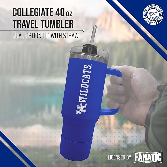 Campus Colors College & University 40 oz Travel Tumbler With Handle - Dual Option Lid With Straw - Vacuum Insulated Stainless Steel (Kentucky Wildcats - Royal)