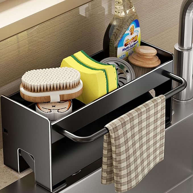 Utensil Holder,Compact Kitchen Sink Drying Rack - Durable and Stylish Solution,Self-Draining Tray Design,with Rag Rack（Black）