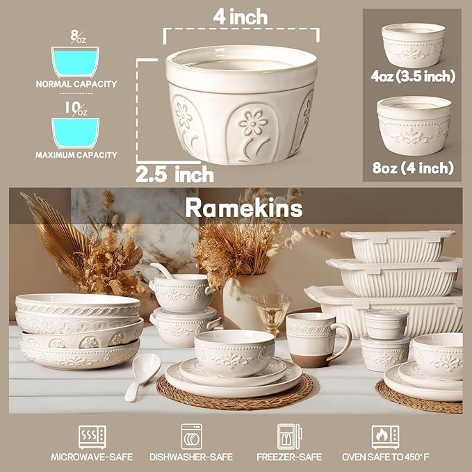 Artena Ramekins Oven Safe, Creme Brulee Ramekins, Embossed White Ceramic Ramiken, Souffle Pudding Custard Cups, Baking Dish, Dipping Bowls, Sauce Cups, Set Of 4 (Pinwheel Flower, 8 oz)