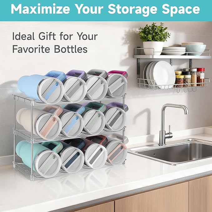 Stackable Water Bottle Organizer, Large Compartment Water Bottle Holder for Stanley 40 oz Tumbler, Kitchen Storage Organizer for Stanley Cup Accessories, Tumbler Organizer Wine Rack - Hold 12 Bottles