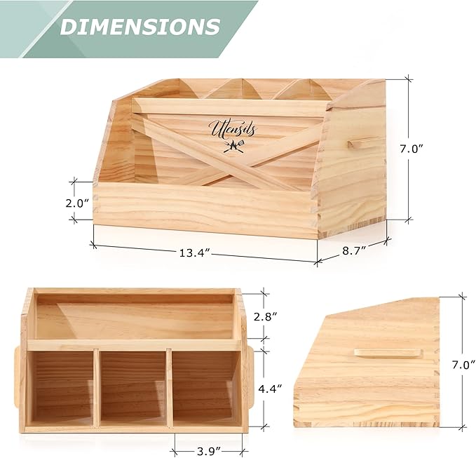 Innovation Kitchen Utensil Holder for Countertop with 4 Compartments, Wood Utensil Organizer for Cooking Tools(Utensil Not Included)