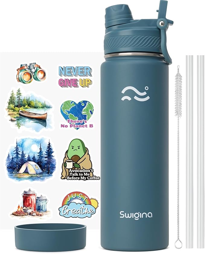 Swigina Insulated Water Bottle with Silicone Boot (36hrs Cold/18hrs Hot) - DIY Stickers, Leakproof, BPA Free, 24 oz [2-IN-1 LID]