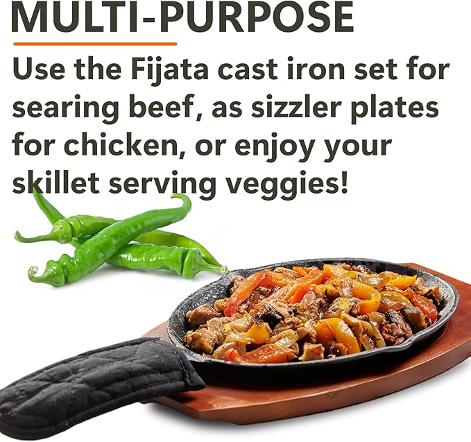 Mr. Bar-B-Q Cast Iron Fajita Skillets Set, Pre-Seasoned Non-Stick Sizzling Plate, Wooden Base w/Cloth Handle, Sizzler Steak Plate, Cast Iron Skillets for Diners, Bar, Restaurants, Caterings & Parties