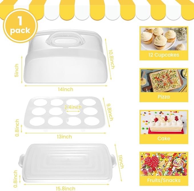 VGOODALL Cake Carrier, 12 Capacity Large Cupcake Holder, 3-in-1 Rectangular Cake Containers for Pies Muffin Candies Fruits Snacks, Dessert Storage Box for Parties, Picnics, Baking(14×10.8×5)