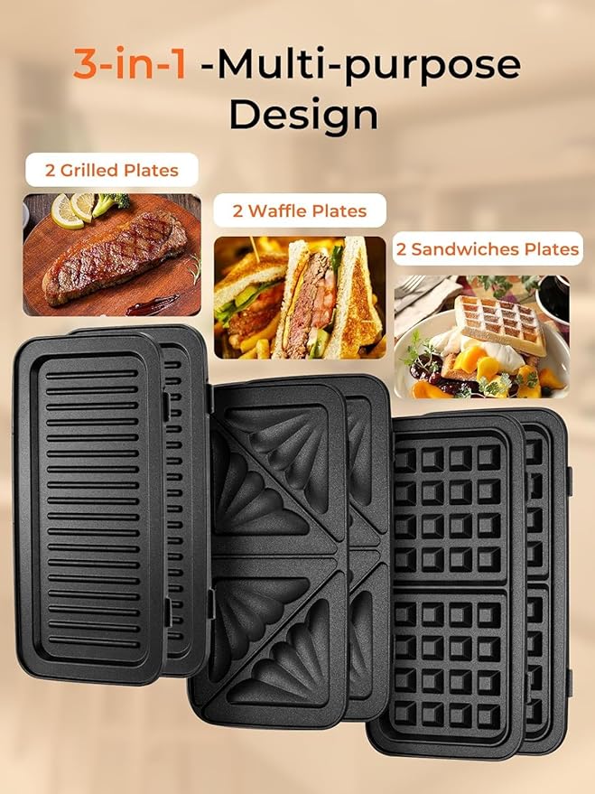 HOUSNAT Sandwich Maker, 3 in 1 Waffle Maker with Removable Plates, 1200W Panini Press with Interchangeable Non-Stick Plates, Indicator Lights, 5-gear Temperature Control (Red)