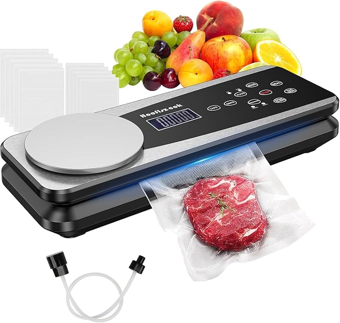 Vacuum Sealer Machine for Food,85kpa Automatic 10-in-1 Food Sealer Vacuum Sealing for Dry&Moist Saver, Food Storage Vacuum Machine with Scale,Cutter,Air Suction Hose,Pulse Function,10 Vacuum Bags