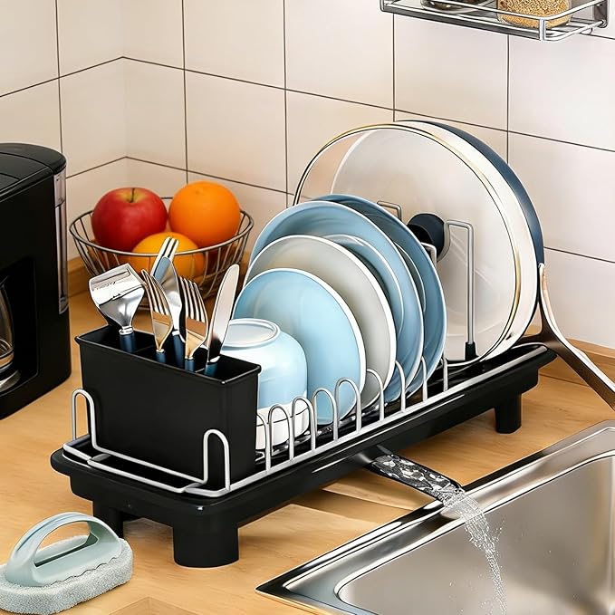 Compact Dish Drying Rack for Countertop, Small-Sized for Dorms, RVs & Tiny Kitchens, Auto-Drain, Adjustable Slots, Rust-Resistant with Utensil Caddy & Sponge Holder (Black)