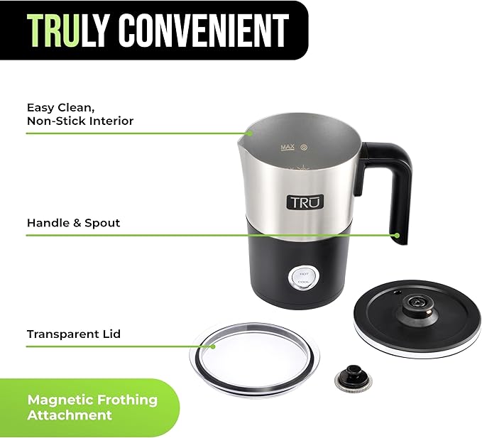 TRU Electric Milk Frother - Foam Maker for Lattes, Cappuccinos, Iced Coffee & More - One-Touch Operation & Precision Spout - Hot & Cold Milk Frother with Automatic Shut-Off - 10 Oz