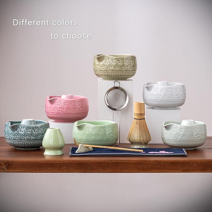Buucup Matcha Whisk Set, Ceramic Matcha Kit Set Includes Matcha Bowl, Matcha Whisk and Holder, Bamboo Scoop, Scoop Rest, Sifter and Tea Towel - 7 Pcs Matcha Kit for Matcha Lovers (Green)
