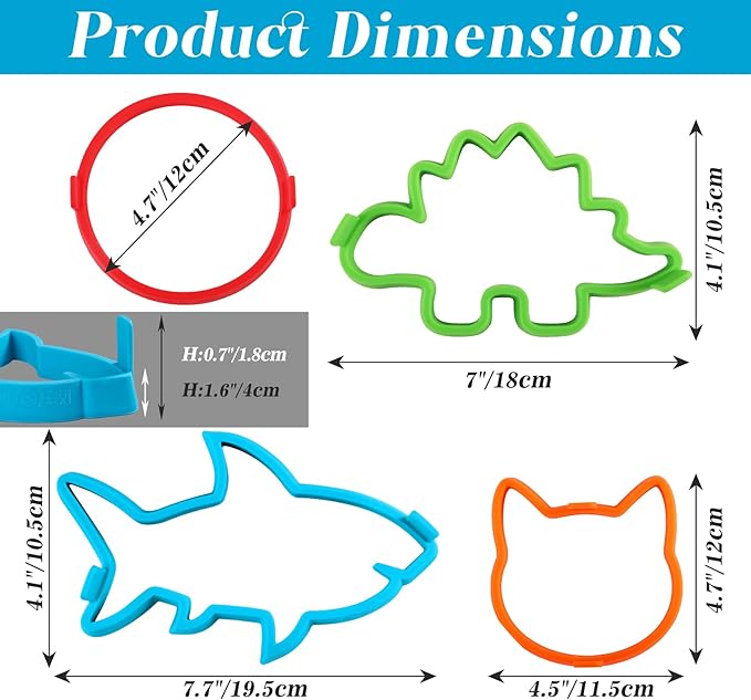 Kamehame Silicone Pancake Molds for Shark, Round, Cat, Dinosaur Shape Pancakes, 4 Pack Nonstick Pancake Shaper for kids, Fun Shapes Cake Ring Mold for Griddle Cooking