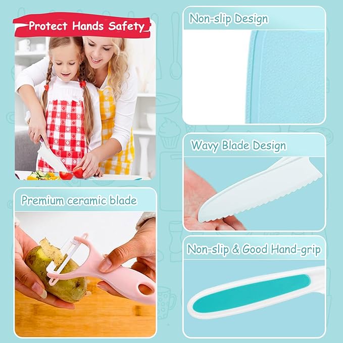 4 Pieces Kids Knife Set for Real Cooking, Toddler Knife Set with Ceramic Peeler for Kitchen, Kids Cutting Board and Safe Plastic Knives for Cutting Cakes, Fruit, Veggies & Bread