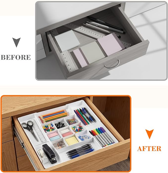Briwooody 2 Pcs Large Expandable Acrylic Drawer Organizers, Grid Adjustable Drawer, Dividers Organizer for Desk, Makeup, Jewelry, Office, Kitchen Supplies (White,13 Compartments)