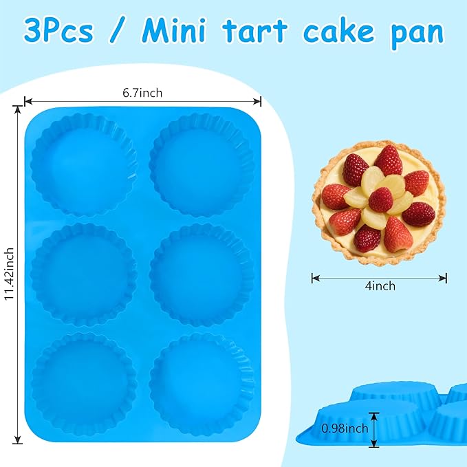 Sidosir 3Pcs 4 Inch Tart Cake Pan Mold, Mini Peanut Butter Cup Molds Silicone, Non-Stick Chocolate Mold for Making Brownies, Silicone Round Molds Corrugated Side for Cupcakes
