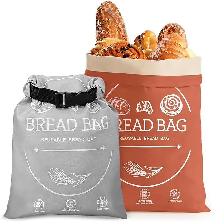 2 Pack Beeswax Bread Bags for Homemade, Reusable Bread Bag for Sourdough, XL-Reusable Waxed Linen Food Storage Bag to Keep Sourdough Fresh, Freezer-Safe, Eco-Friendly (Orange&Grey) | Beeswax Bread Bag