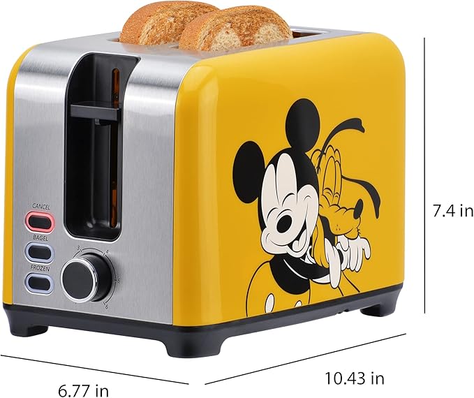Disney Mickey & Pluto 2-Slice Toaster by Select Brands - Fast Toaster with Wide Slots, Toast Lift & Crumb Tray - Kitchen Essential for Sandwich Bread, Breakfast & Bagels