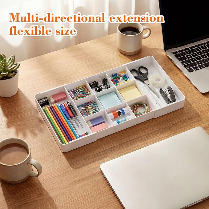 Briwooody 1 Pcs Large Expandable Acrylic Drawer Organizers, Grid Adjustable Drawer, Dividers Organizer for Desk, Makeup, Jewelry, Office, Kitchen Supplies (White,11 Compartments)