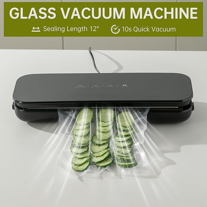 THETCHRY Vacuum Sealer For Food,6-In-1 Food Sealer Machine with 20 Large Vacuum Bags,Built-In Water Tank&Cutter,Powerful Low- Noise Food Saver with Glass Touch Screen,Black