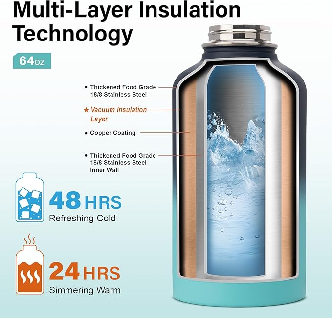 DYSANKY Insulated Water Bottle | Thickened Stainless Steel Vacuum Metal | Portable Sports Half Gallon Large Water Jug for Gym and Hiking with Straw, Carrier Bag, Handle Strap | BPA-Free 64 oz