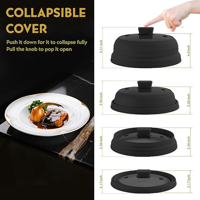 Collapsible Microwave Splatter Cover, Glass Silicone Foldable Microwave Lid for Food, 10.8 Inch Grease Splatter Guard for Pots, Pans & Bowls, Black