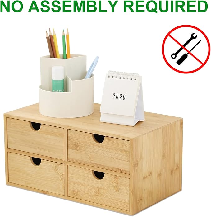 Wisuce Bamboo Desk Drawer Organizer, Desktop Organizer with Drawers Tabletop Storage Organization Box for Office Home Toiletries Supplies Vanity, No Assembly Required(4 Drawes)