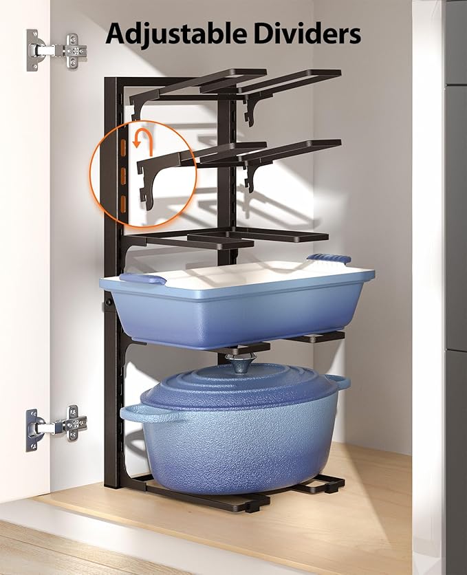 ORDORA Pots and Pans Organizer under Cabinet, 20.8" Height Heavy Duty 120LBS Pots Pans Organizer Rack for Cabinet 8-Tier Adjustable for Big Stockpots, Dutch Oven, Cast-iron Pan, Heavy Cookware, Bronze